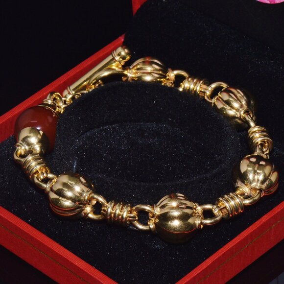 Estate Primavera Preziosi Italian Solid 18K Gold Carnelian Bead Toggle Bracelet - Picture 7 of 10